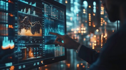 A businessman analyzing financial data on a large screen.