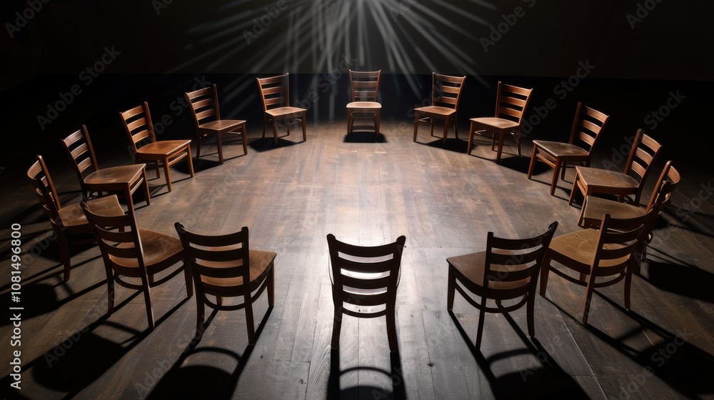 Poster a poignant depiction of equal representation, showing a single spotlight highlighting various empty 