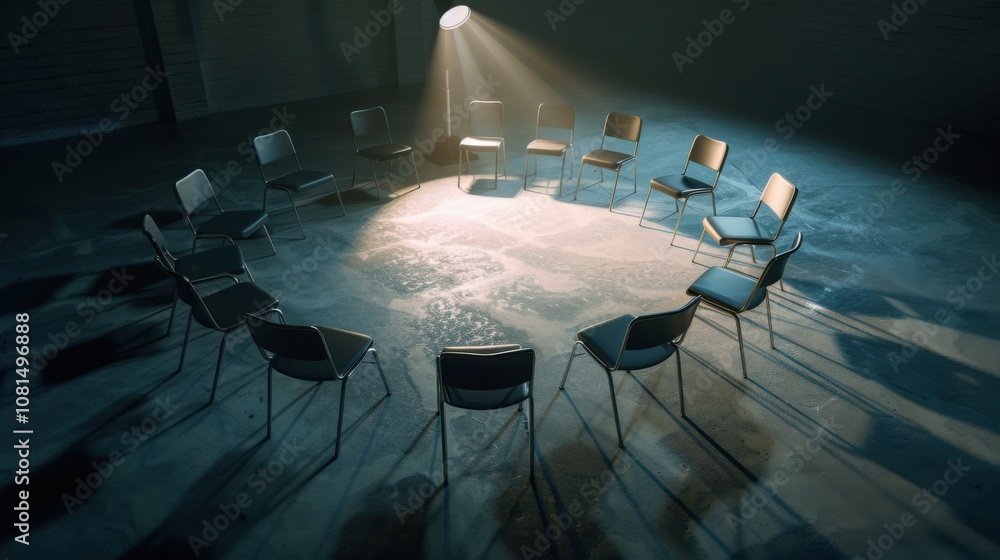 Poster a poignant depiction of equal representation, showing a single spotlight highlighting various empty 