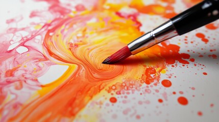 Obraz premium A close up of a paintbrush on a canvas with orange, red, and yellow paint.