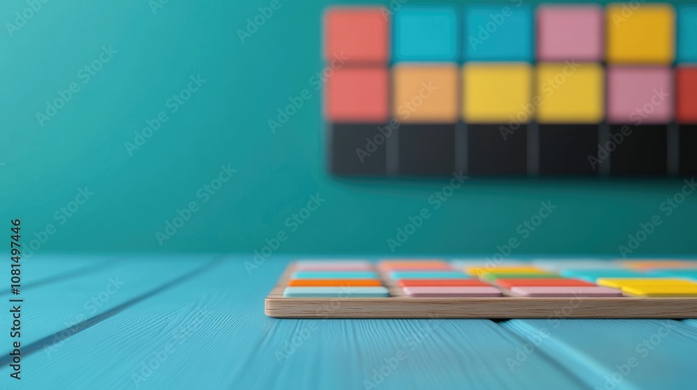 Poster digital calendar with colorful geometric blocks representing career and family time management conce