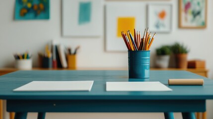 Bright and Inviting Home Office Workspace Showcasing Kids  Artwork Painting Supplies and Organizational Tools for a Balanced Family Oriented Environment