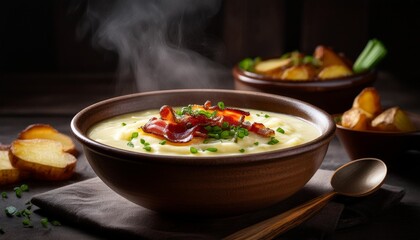 Creamy Potato Soup with Crispy Bacon and Chives, Served in a Rustic Ceramic Bowl with Steamy Warmth Captured in a Chiaroscuro, Dark and Cozy Kitchen Setup