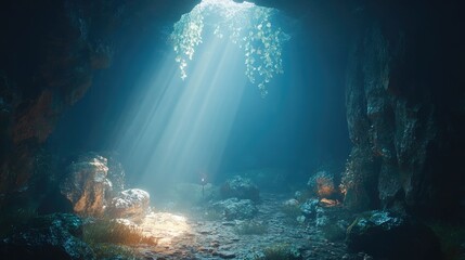Fototapeta premium Light filters into an underwater cave, revealing a serene underwater landscape