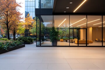Modern office building with glass facade and  landscaped courtyard.
