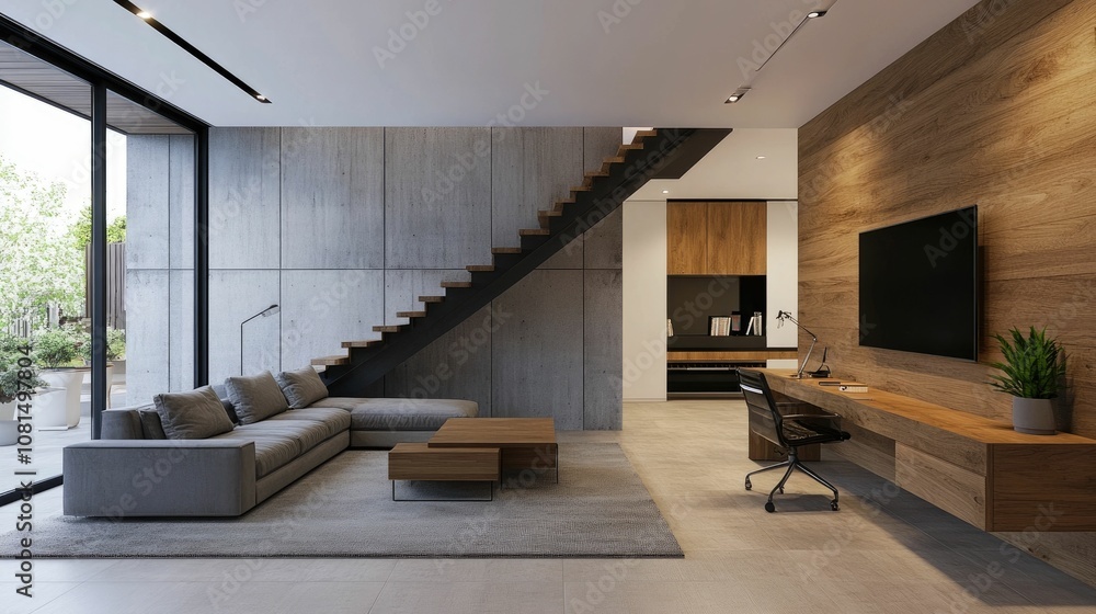 Poster elegant and minimalist home office design creating a harmonious balance between work and relaxation 