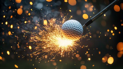 illustration of a golf ball and club with dynamic sparks flying out