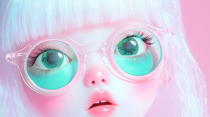 3D animel girl kawaii doll with round glasses silver white hair on pink and teal pastel colored cartoon fashion background. pop art glossy adorable makeup futuristic solarpunk cute wallpaper