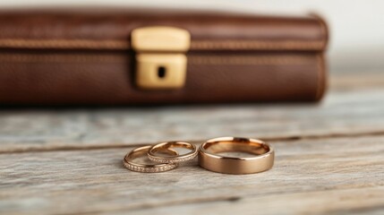 Wedding Rings and Briefcase on Desk Representing the Balance Between Love and Career Stability in Life