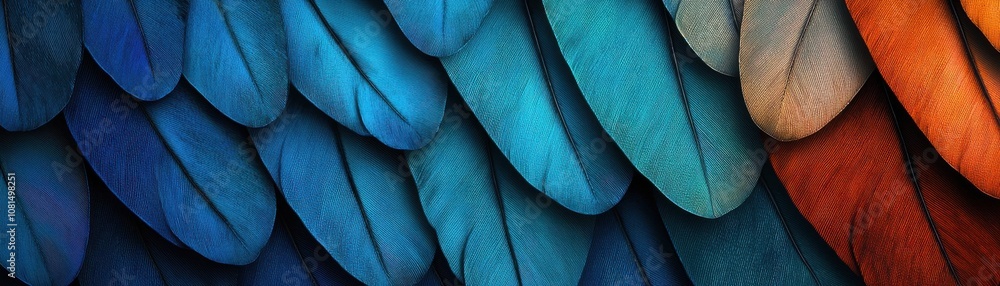 Poster a vibrant close-up of colorful feathers showcasing intricate textures and patterns in shades of blue