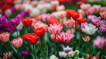 A colorful garden with many different types of flowers. Some of the flowers are pink and orange. There are also some green leaves