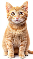 Obraz premium A cute cat on simple background looks at camera white background with copy space. pet fashion portrait minimalism adorable wallpaper 