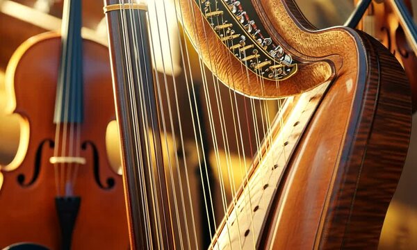 Close-up of a harp and violin, showcasing their strings and craftsmanship in warm lighting.