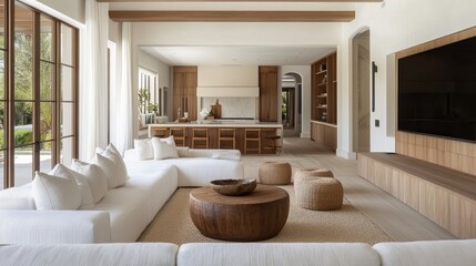 Elegant minimalist family room, wooden accents, beige and white decor, airy layout, natural lighting