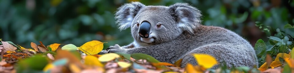 Obraz premium Koala lying amidst autumn leaves, resting peacefully with vibrant fall colors in the background