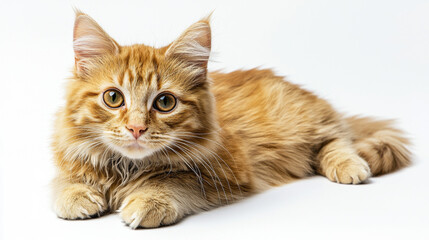 Obraz premium A cute cat on simple background looks at camera white background with copy space. pet fashion portrait minimalism adorable wallpaper 