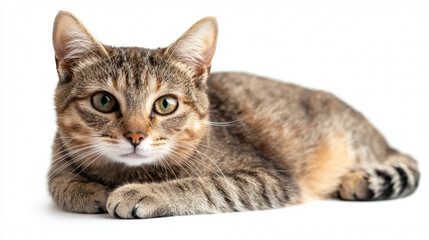 Fototapeta premium A cute cat on simple background looks at camera white background with copy space. pet fashion portrait minimalism adorable wallpaper 