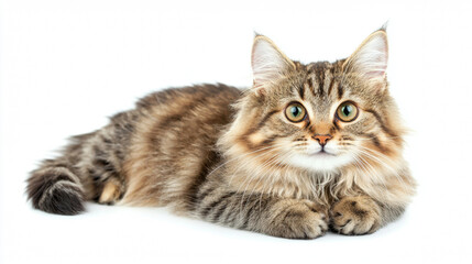 A cute cat on simple background looks at camera white background with copy space. pet fashion portrait minimalism adorable wallpaper 