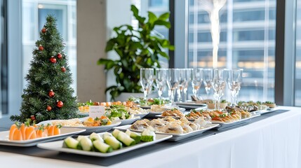 a holiday buffet setup, showcasing an assortment of savory dishes with Christmas tree napkin folds and sparkling drink glasses, creating a festive ambiance