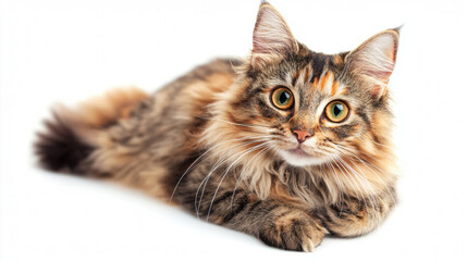 Obraz premium A cute cat on simple background looks at camera white background with copy space. pet fashion portrait minimalism adorable wallpaper 