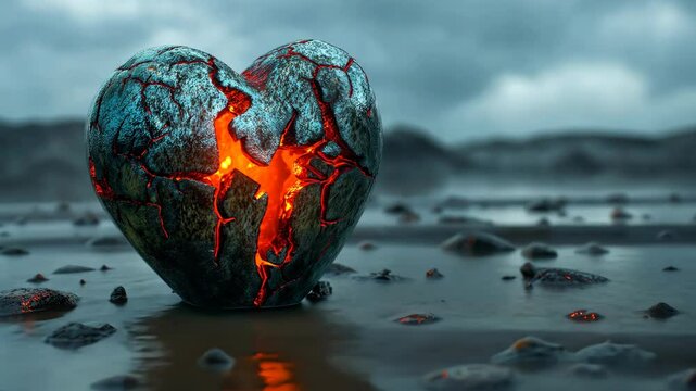Heart-shaped rock with glowing lava cracks on a gloomy beach. Love, heartbreak, and emotion concept. Suitable for book covers, album art, and creative design projects.