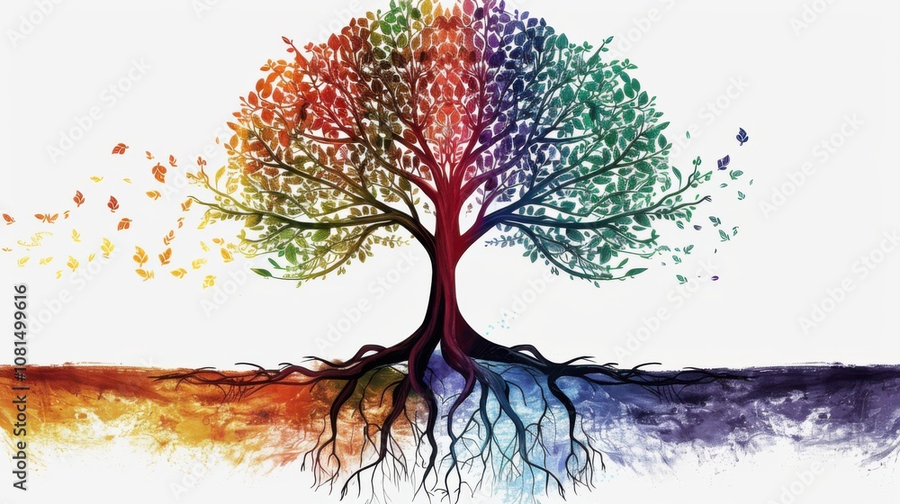 Poster A poignant visual of generational inclusion, showing a tree with roots and branches of different colors and patterns, Representing the interconnectedness of different age groups