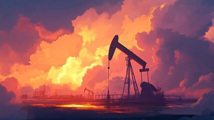 Oil pumpjack with dramatic sunset backdrop, iconic industry imagery