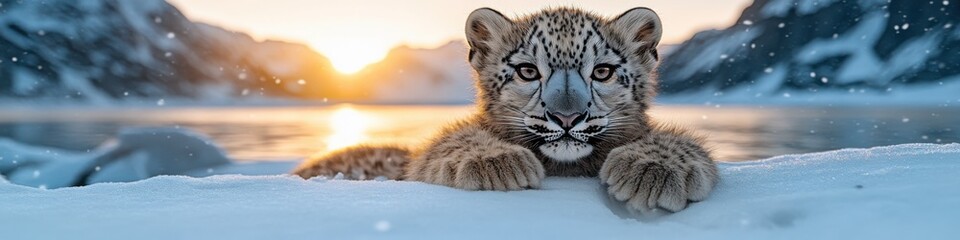 Obraz premium A young leopard cub peeks out from the snow with a gentle gaze, set against a stunning winter mountain backdrop.
