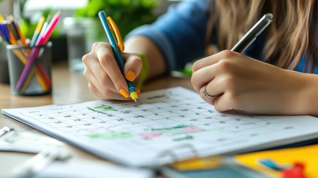 Parent Organizing Family Calendar with Colorful Stationery and Kids Nearby for Daily Routine Tasks and Productivity at Home Desk Workspace