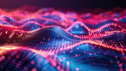 Abstract digital wave with glowing particles in red, blue and purple colors.
