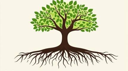 Vibrant Tree Illustration with Lush Green Leaves and Strong Roots Showcasing Nature's Beauty and Growth, Perfect for Eco-Friendly or Nature-Themed Projects