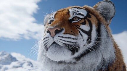Obraz premium A Bengal Tiger gazes proudly into the distance, set against a snowy mountain landscape, capturing its majestic strength.