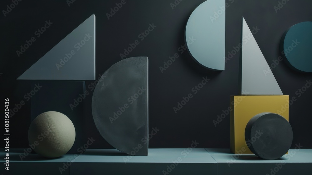 Aufkleber A powerful image of a diverse set of abstract geometric shapes forming a balanced, dynamic pattern against a dark background
