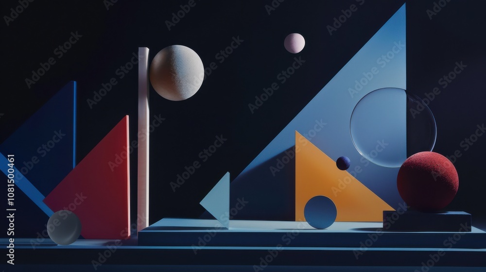 Aufkleber A powerful image of a diverse set of abstract geometric shapes forming a balanced, dynamic pattern against a dark background