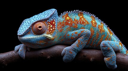 Fototapeta premium A vibrant chameleon with blue, orange, and red scales perches on a branch, staring intently into the distance against a black background.