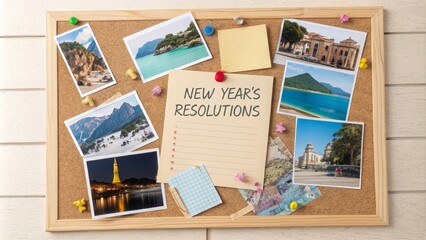 Fototapeta premium A corkboard filled with travel photos and a resolution note for the new year, highlighting personal goals and travel dreams