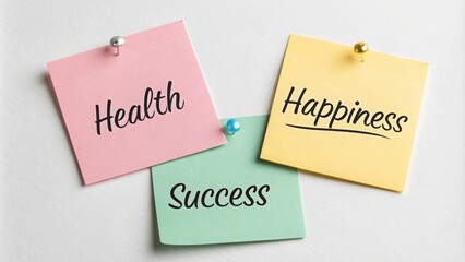Colorful sticky notes emphasizing health, happiness, and success placed on a light background for motivation and inspiration