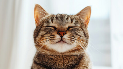 A cute cat on simple white background looks at camera background with copy space. pet fashion portrait minimalism adorable wallpaper 