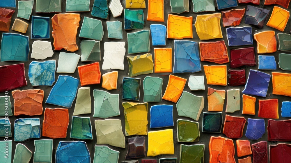 Poster a powerful image of a mosaic made up of diverse, vibrant tiles forming a cohesive and intricate desi