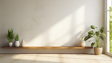 3D rendering of an empty wooden shelf on the wall in a modern, minimalist living room with white concrete walls and sunlight coming through a large window.