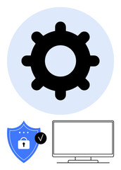 Gear above shield featuring a lock and a check mark next to a monitor. Ideal for technology, security, software development, system optimization, cybersecurity, IT services, and technical support