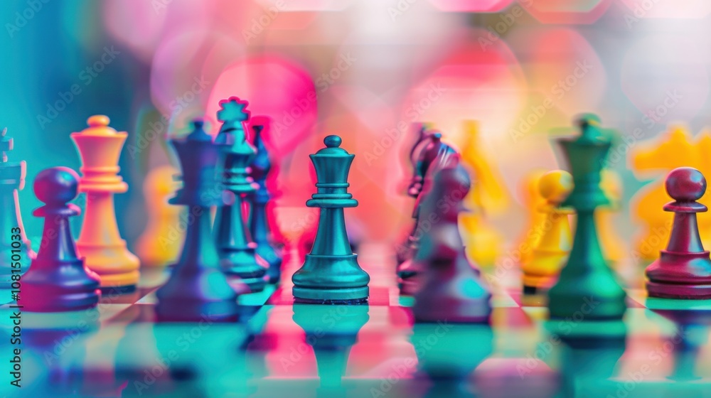 Poster a powerful image of a multicolored chessboard with various chess pieces in play, highlighting the st