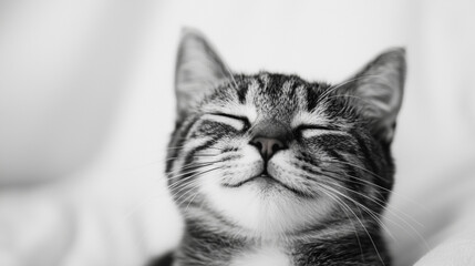 Naklejka premium A cute cat on simple white background smile relax looks background with copy space. pet fashion portrait minimalism adorable wallpaper 