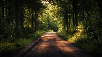 Obraz premium Sun beams through the trees on a dirt path in the forest