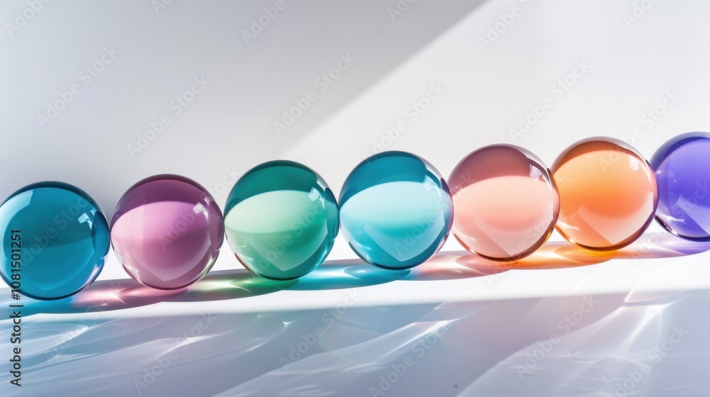 Poster A powerful image of a series of differently colored, transparent glass balls stacked and aligned, creating a gradient effect