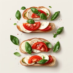 Delicious bruschetta with tomatoes and mozzarella on a white background.