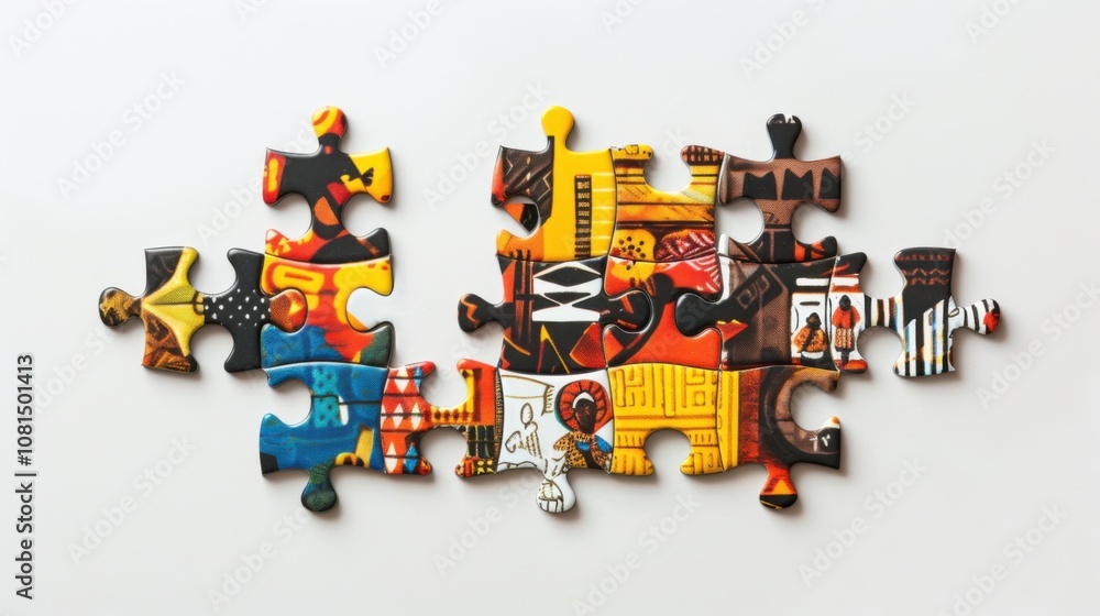 Poster a powerful image of a series of interconnected puzzle pieces, each featuring different cultural moti