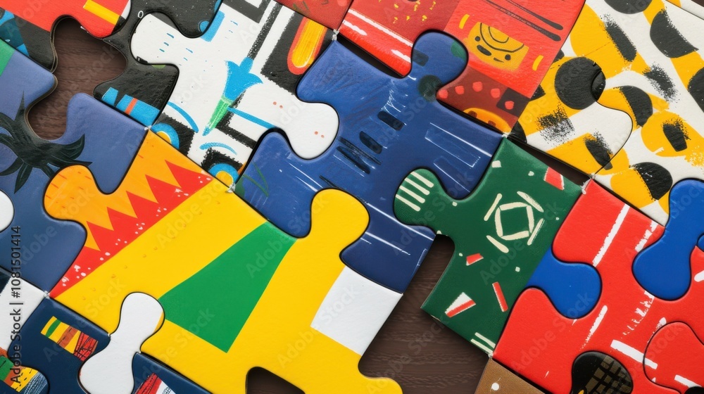 Poster a powerful image of a series of interconnected puzzle pieces, each featuring different cultural moti
