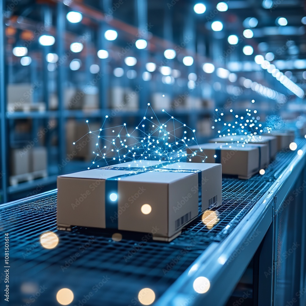 Poster modern automated warehouse with conveyor belt and cardboard boxes. high-tech logistics and distribut