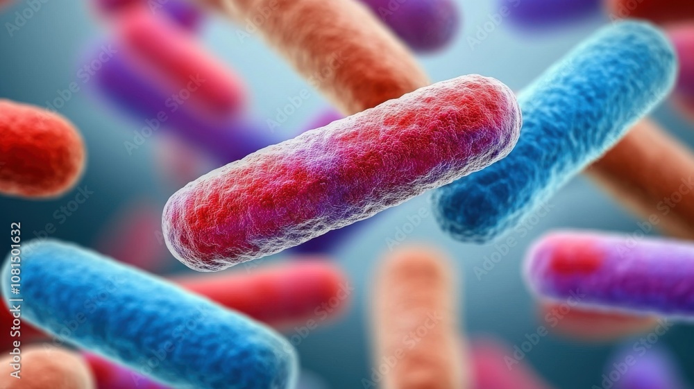 Poster colorful microscopic view of bacteria, showcasing various shapes and sizes with distinct colors, hig